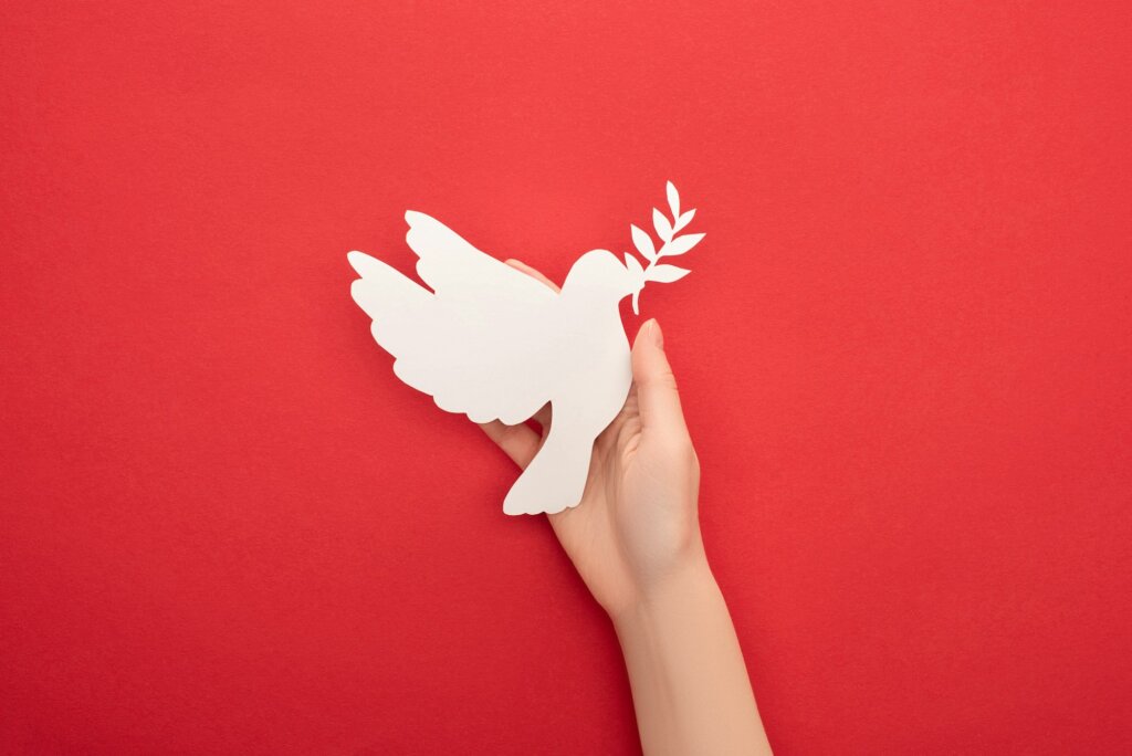 cropped view of woman holding white dove as symbol of peace in hand on red background